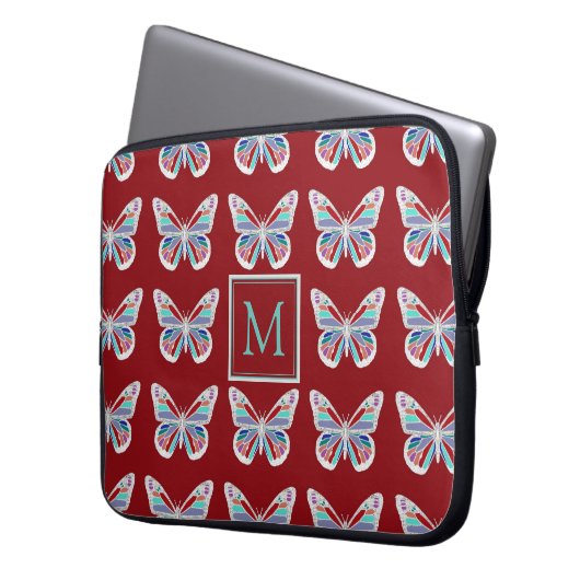 Butterfly Pattern on Burgundy Monogram Laptopschutzhülle (Vorderseite Links)