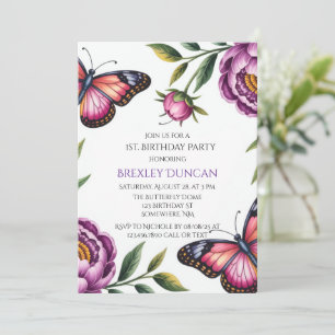Butterfly & Peony Girl 1. Geburtstagsfeier Einladung