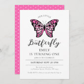 Butterfly Pink 1. Geburtstag Party Einladung (Vorne/Hinten)
