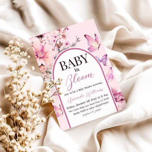 Butterfly Pink Baby in Bloom Girl Baby Dusche Einladung