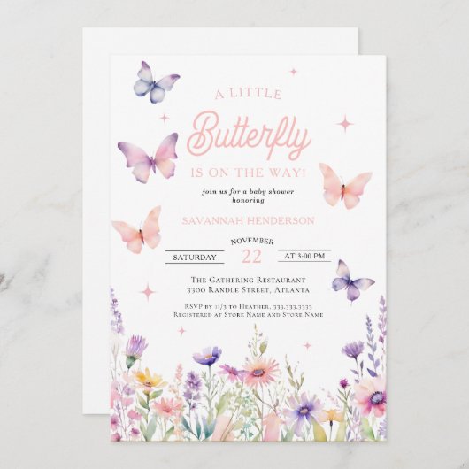 Butterfly Pink Blue Wildblumen Blumenspül Dusche Einladung (Vorne/Hinten)