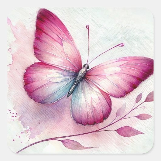 Butterfly Pink Botanical Watercolor Quadratischer Aufkleber (Vorderseite)