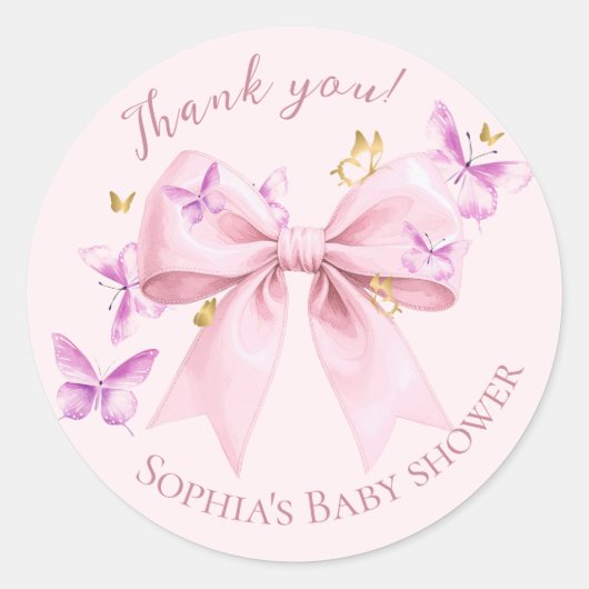 Butterfly Pink Bow Baby Shower  Runder Aufkleber (Vorderseite)