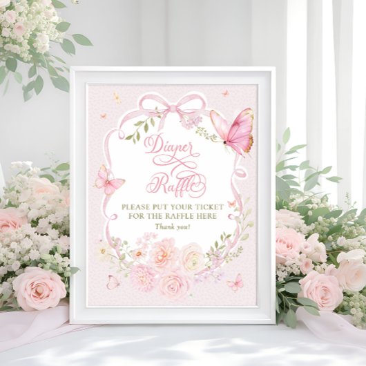 Butterfly Pink Bow Floral Diaper Raffle Poster