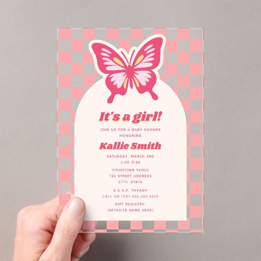 Butterfly Pink Checkerboard Girl Baby Dusche Acryleinladungen (Insitu (Handheld))