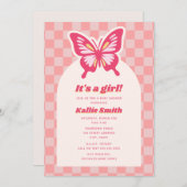 Butterfly Pink Checkerboard Girl Baby Dusche Einladung (Vorne/Hinten)