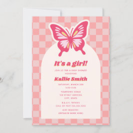 Butterfly Pink Checkerboard Girl Baby Dusche Einladung