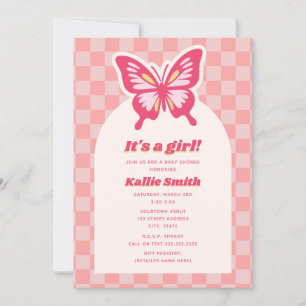 Butterfly Pink Checkerboard Girl Baby Dusche Einladung