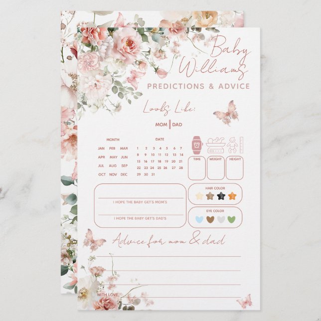 Butterfly Pink Floral Baby Prediction Game (Vorne/Hinten)