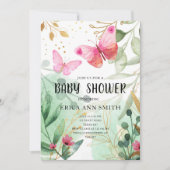 Butterfly Pink Gold Greenery Tea Party Babydusche Einladung (Vorderseite)