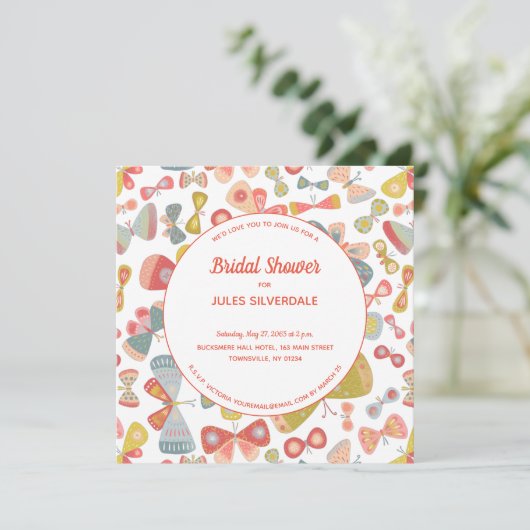 Butterfly Pink Green Brautparty Einladung (Stehend Vorderseite)