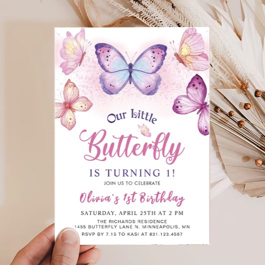 Butterfly Pink Lila Girls Einladung zum Geburtstag