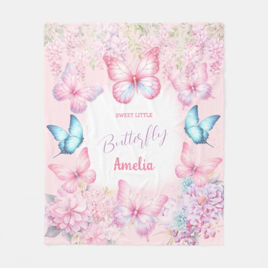 Butterfly Pink Lila Pastel Floral Name Girl Fleecedecke (Vorderseite)