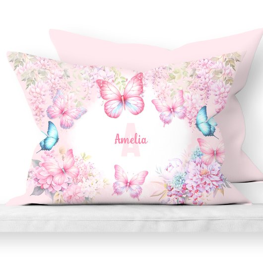 Butterfly Pink Lila Pastel Floral Name Girl Kissenbezug