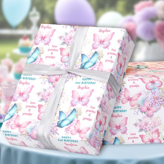 Butterfly Pink Lila Summer Birthday Name Text Geschenkpapier