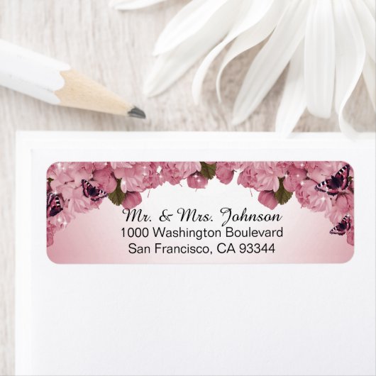 Butterfly Pink Roses Hochzeitsfeier Rücksendeadres (Insitu)