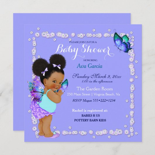 Butterfly Princess Baby Girl Lila Türkis Invi Einladung (Vorne/Hinten)