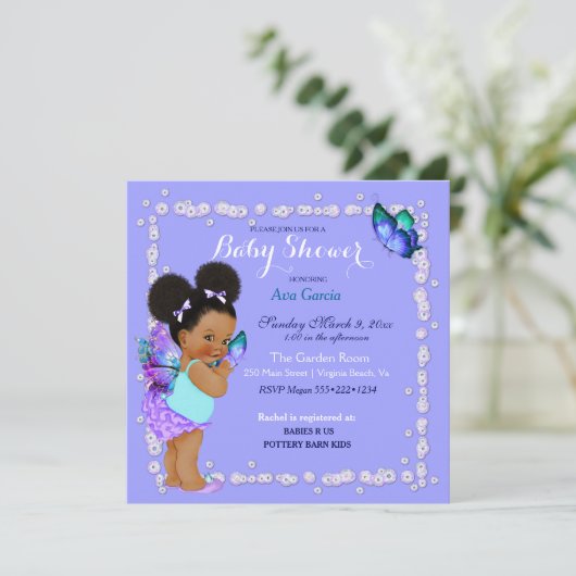 Butterfly Princess Baby Girl Lila Türkis Invi Einladung (Stehend Vorderseite)