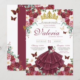 Butterfly Princess Burgundy Rote Rosen Quinceañera Einladung