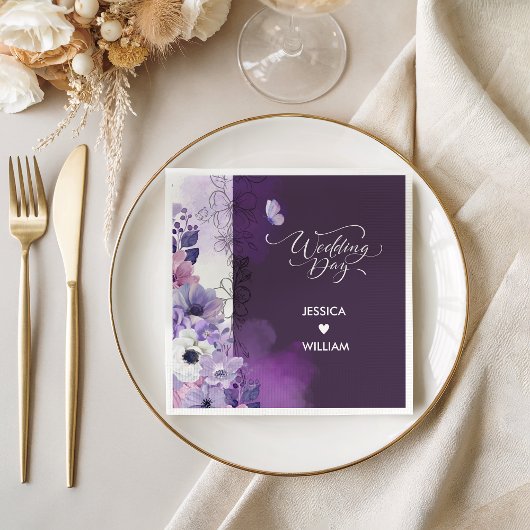Butterfly Purple Floral Wedding Napkins Serviette