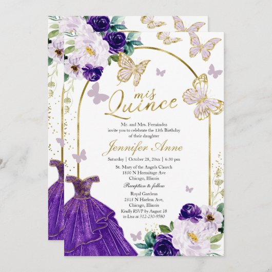 Butterfly Quince Bilingual Einladungen Lila Gown (Vorne/Hinten)