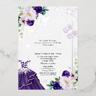 Butterfly Quince Dunkles Lila Kleid Silber Folieneinladung