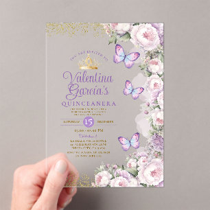 Butterfly Quinceañera 15 Anos Lila Blumenkrone Acryleinladungen
