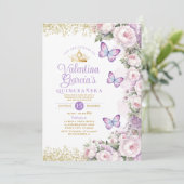Butterfly Quinceañera 15 Anos Lila Blumenkrone Einladung (Stehend Vorderseite)