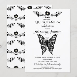 Butterfly Quinceanera Black & White 15. Geburtstag Einladung