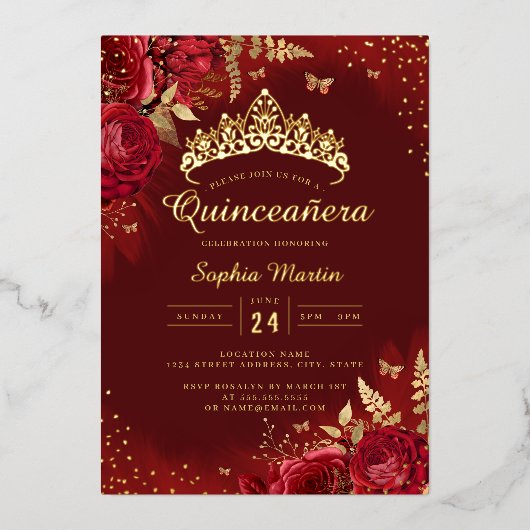 Butterfly Red Gold Floral Quinceanera Folieneinladung (Vorderseite)