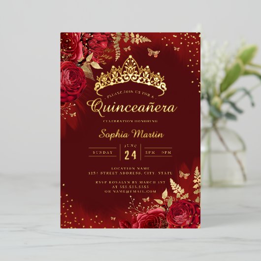 Butterfly Red Gold Floral Quinceanera Folieneinladung (Stehend vorne)