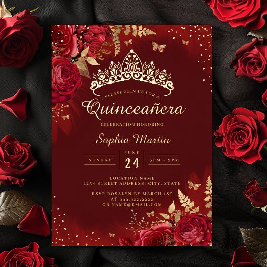 Butterfly Red Gold Floral Quinceanera Folieneinladung