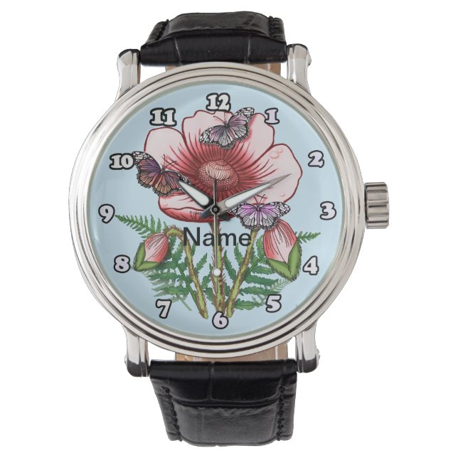 Butterfly Red Poppy  Watch Armbanduhr (Vorderseite)