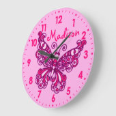 Butterfly Rosa Girlmädchen Zimmername Wand Große Wanduhr (Winkel)