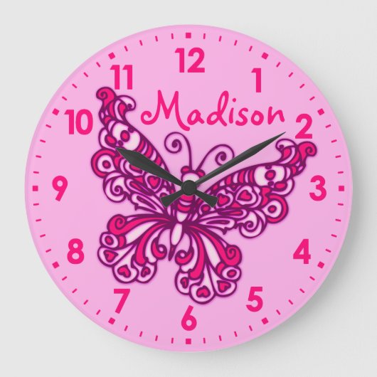 Butterfly Rosa Girlmädchen Zimmername Wand Große Wanduhr (Vorderseite)