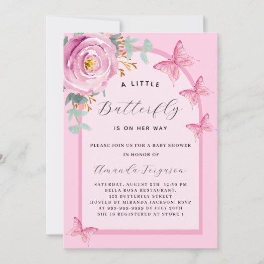 Butterfly Rosa Rosa Blumenärche Baby Dusche Einladung (Vorderseite)