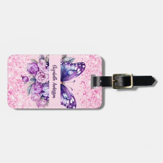 Butterfly Rosa violette Blumen Gepäckanhänger (Vorderseite horizontal)