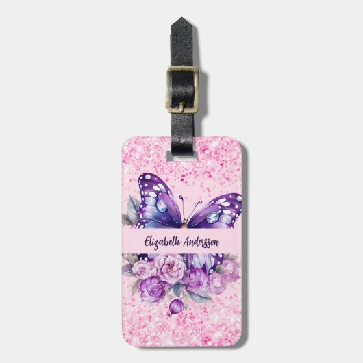 Butterfly Rosa violette Blumen Gepäckanhänger (Vorderseite vertikal)