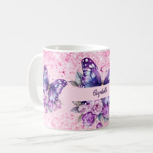 Butterfly Rosa violette Blumen Kaffeetasse (Vorderseite Links)