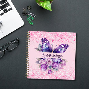 Butterfly Rosa violette Blumen Notizblock