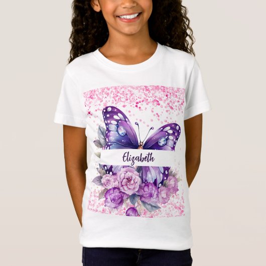 Butterfly Rosa violette Blumen T-Shirt (Vorderseite)