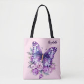 Butterfly Rosa violette Blumen Tasche (Vorderseite)