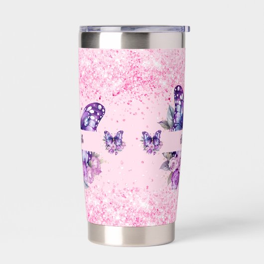 Butterfly Rosa violette Blumen Thermobecher (Links)