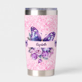 Butterfly Rosa violette Blumen Thermobecher (Rückseite)