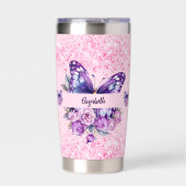 Butterfly Rosa violette Blumen Thermobecher (Vorderseite)
