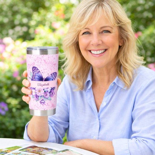 Butterfly Rosa violette Blumen Thermobecher