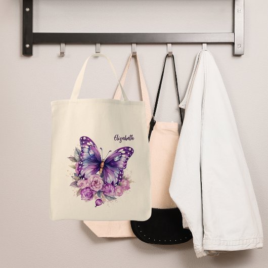 Butterfly Rosa violette Blumen Tragetasche