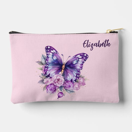 Butterfly Rosa violette Blumen Zubehörtasche (Rückseite)