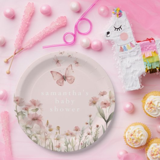 Butterfly Rosa Wildblumen Mädchen Dusche Pappteller (Party)