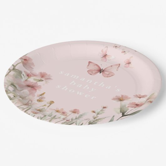 Butterfly Rosa Wildblumen Mädchen Dusche Pappteller (Schrägansicht)